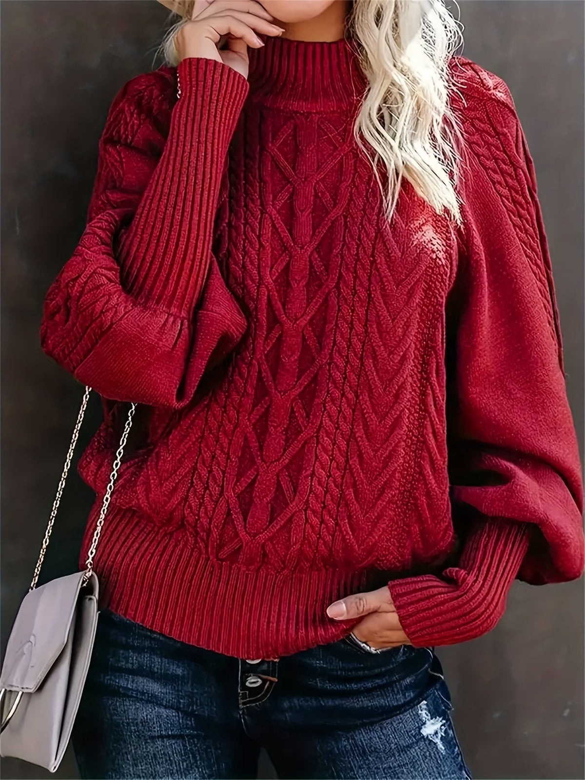 Mock Neck Long Sleeve Cable Knit Sweater 2