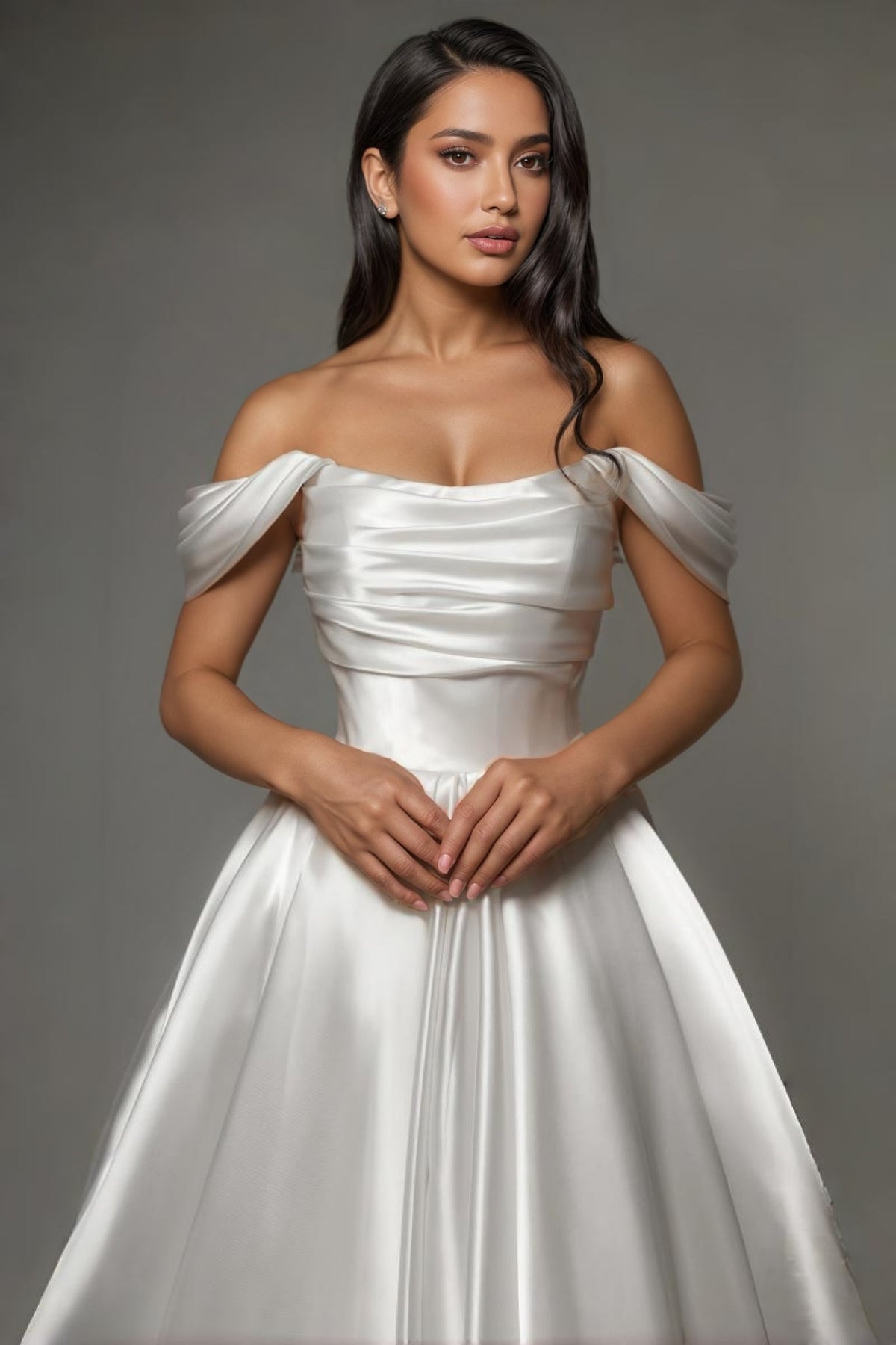 Satin Off Shoulder Ruched Bodice Tea Length A-Line Wedding Gown - View 4