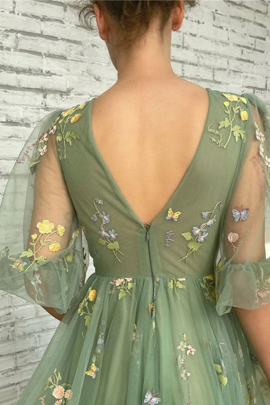 Deep V-Neck Puff Sleeve Floral Embroidered Tulle A-Line Dress 4