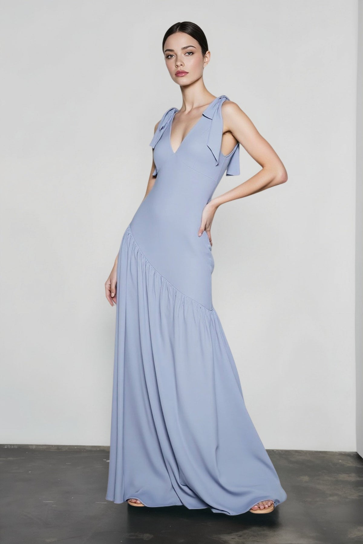 V-Neck Bow Strap Gathered Asymmetric Drop Waist Maxi Gown - View 7