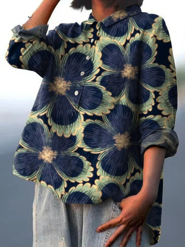 Floral Print Long Sleeve Collared Button Up Oversized Shirt 2