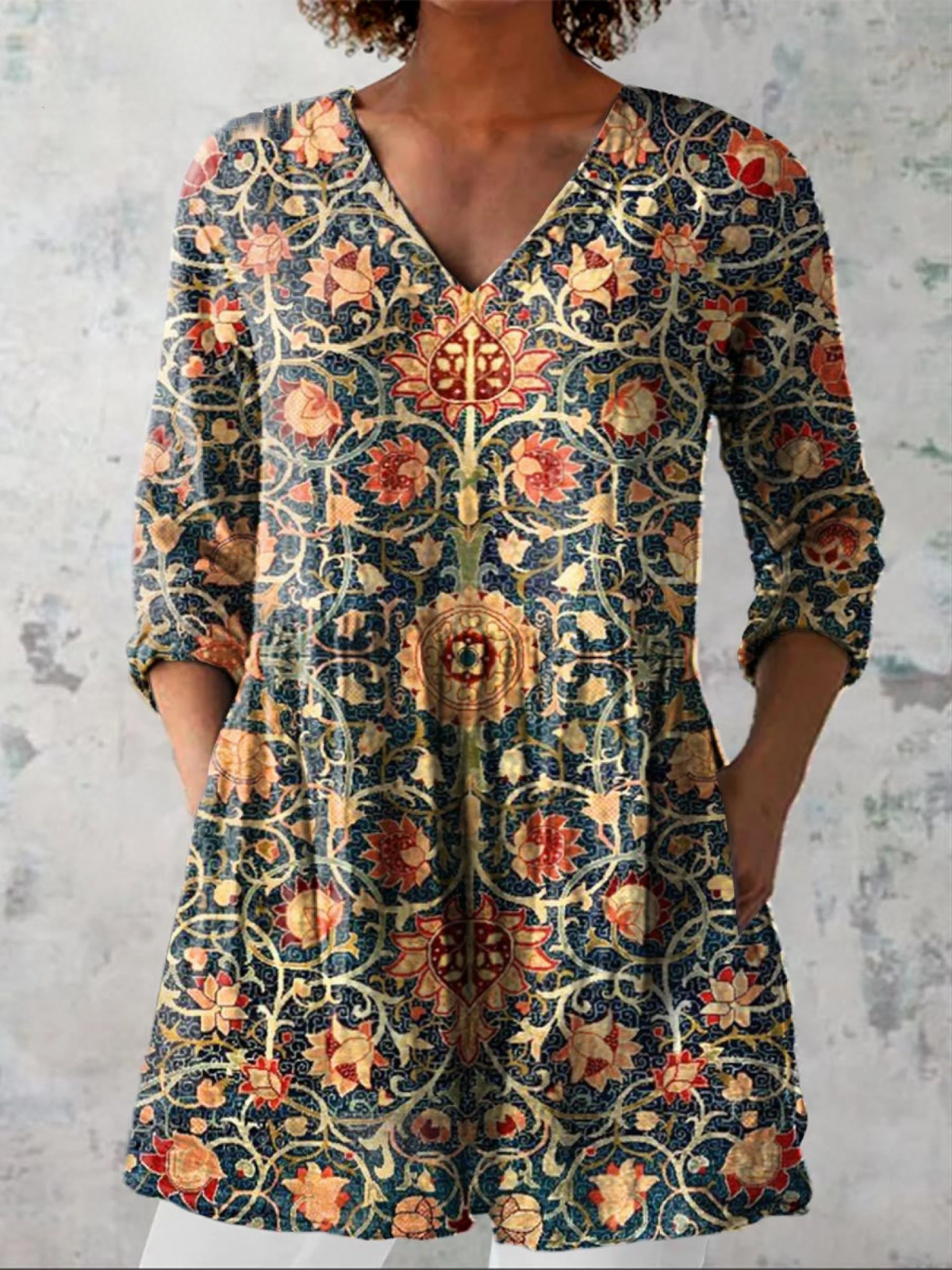 Ornate Floral V-Neck Long Sleeve Pocket Tunic Blouse