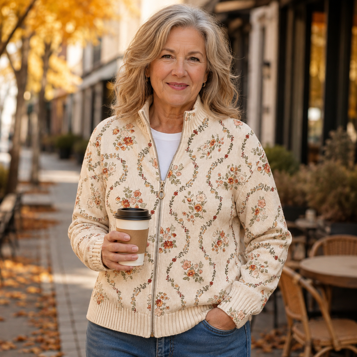 Floral Print Zip Front Stand Collar Cardigan 2