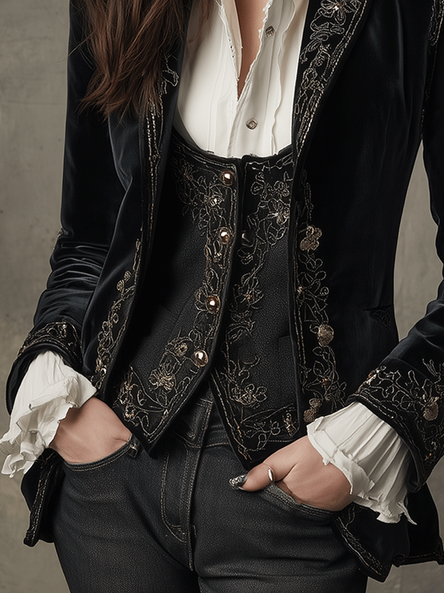 Embroidered Velvet Fitted Blazer 5
