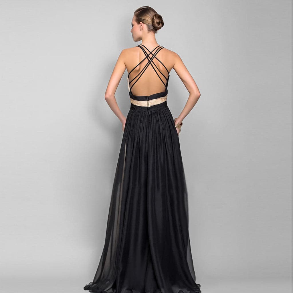 Colorblock Chiffon V-Neck Pleated A-Line Maxi Gown - View 3