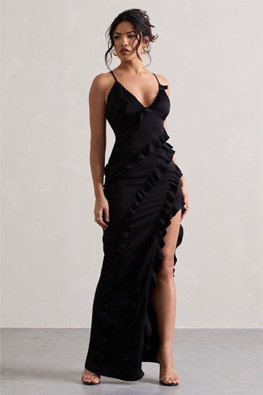 Spaghetti Strap Deep V-Neck Ruffle High Split Maxi Party Dress - View 7