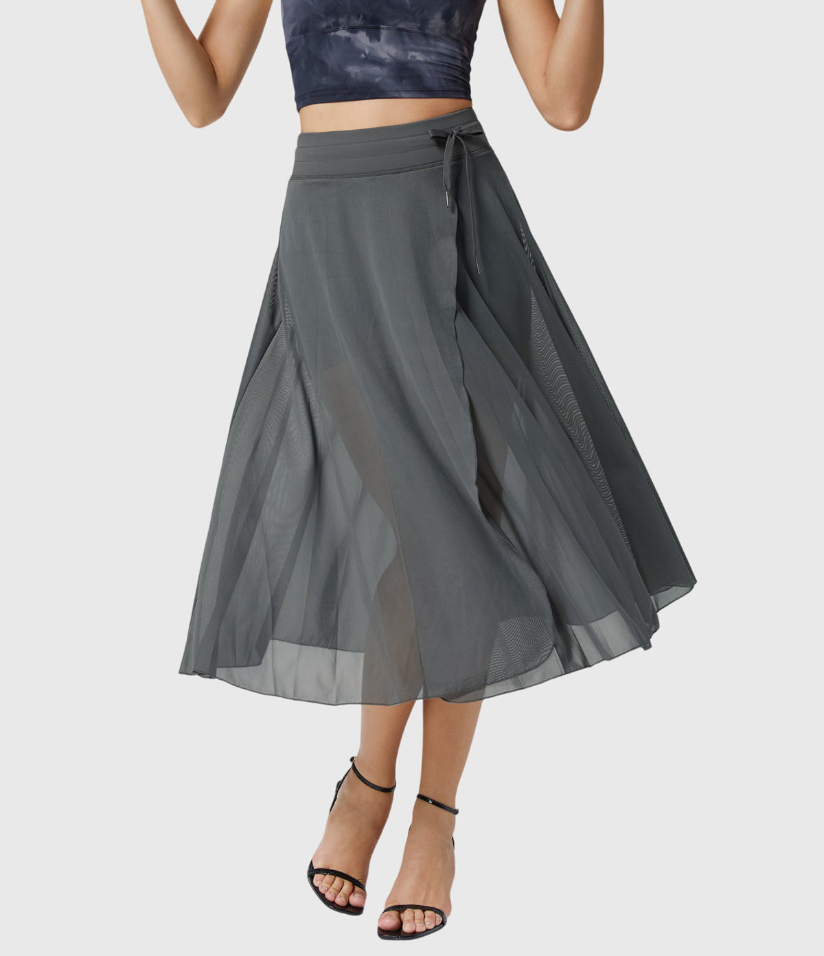 High Waist Drawstring Front Slit A-Line Midi Skirt 32