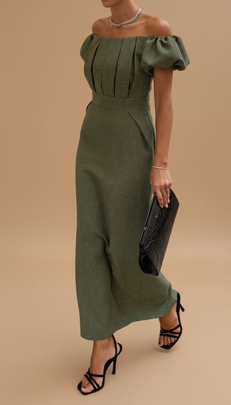 Off Shoulder Puff Sleeve Pleated Bodice Column Maxi Dress 5