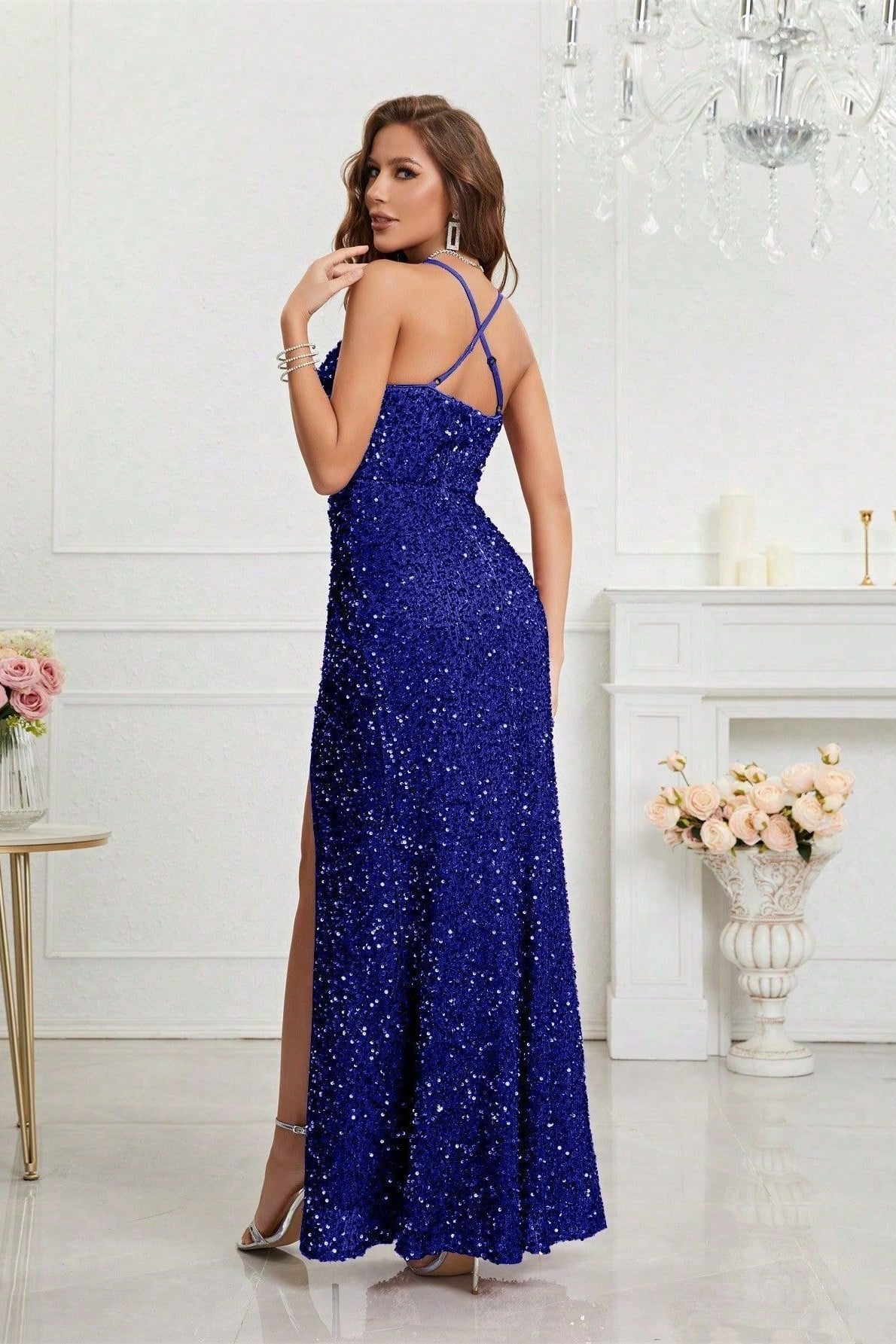 Sequin Spaghetti Strap Sweetheart High Split Ruched Bodycon Dress - View 5