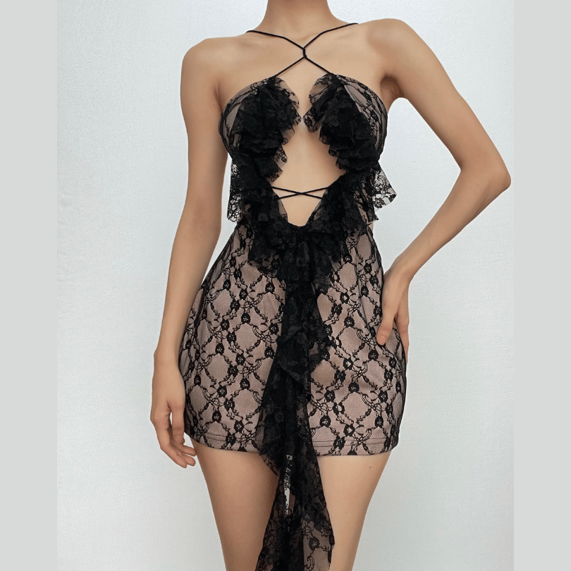 Cross front backless hollow out lace hem contrast mini dress