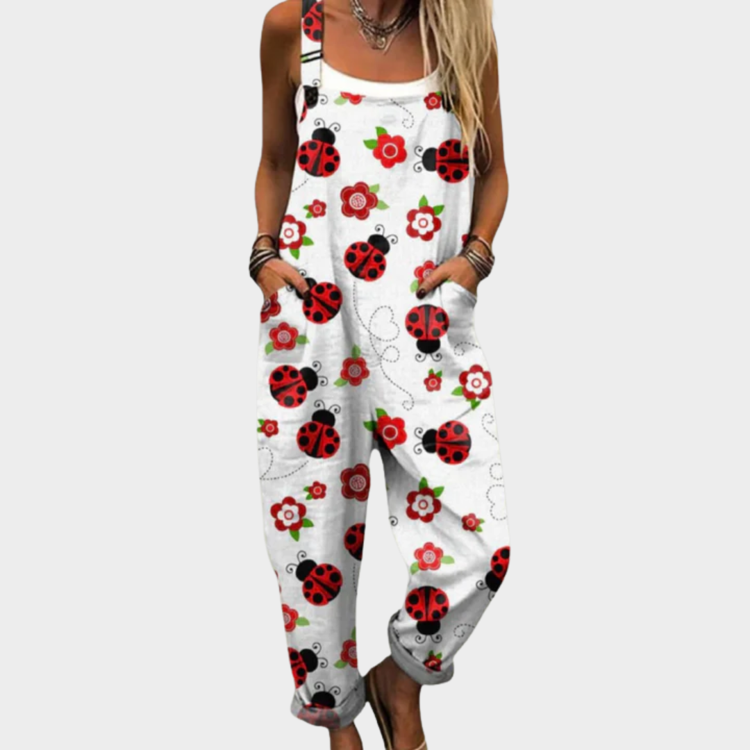 Ladybug Print Pocket Wide Leg Overall Jumpsuit