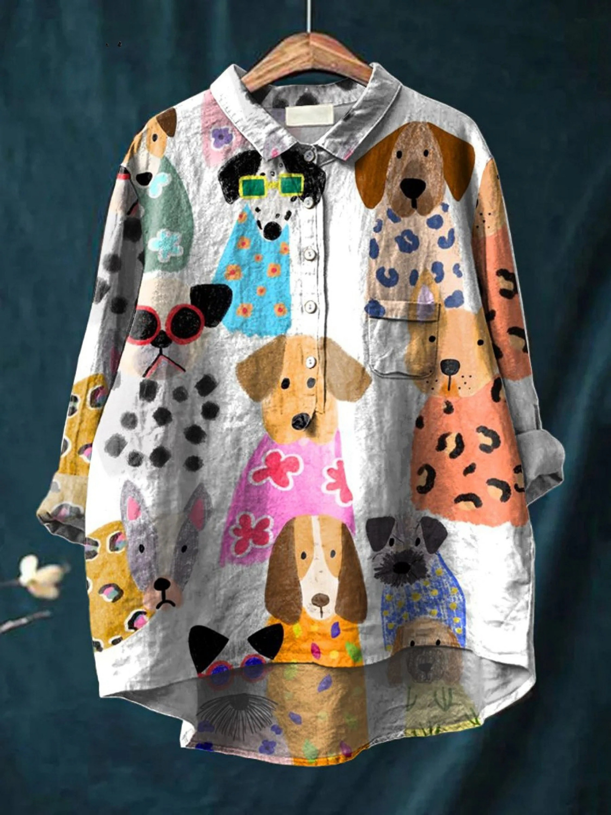 Cartoon Dog Print Button Front Long Sleeve Shirt