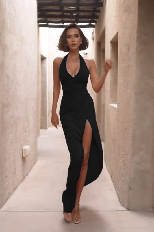 Halter Neck Deep V Ruched High Split Maxi Dress 9