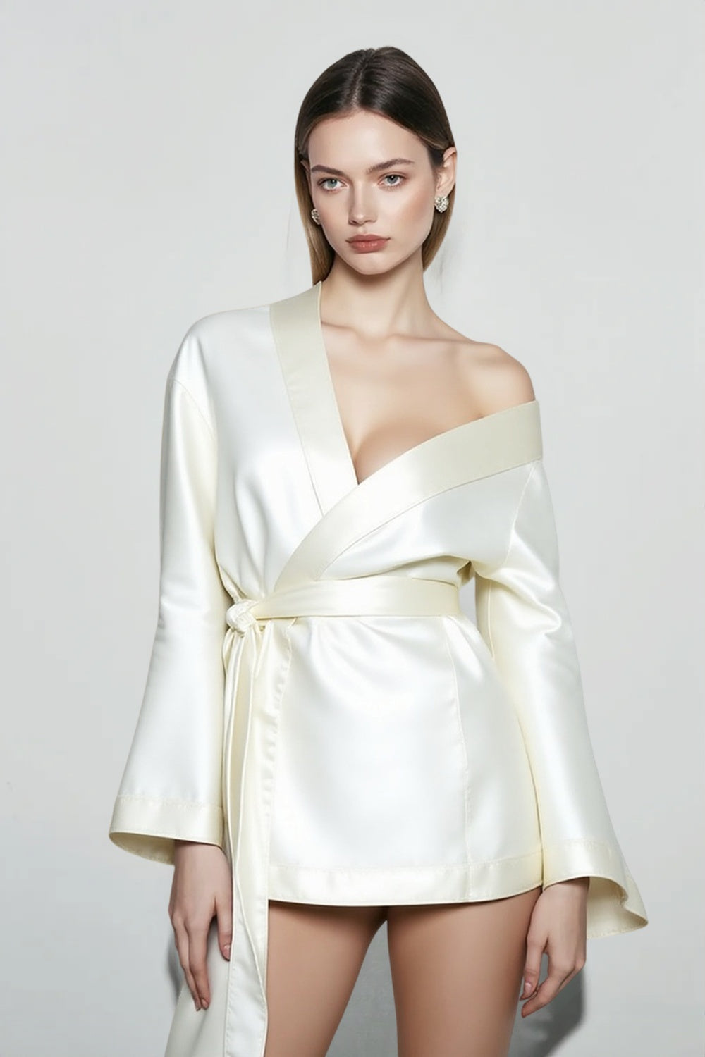 Loose Tie-Waist Long-Sleeve Satin Mini Silk Dress - View 2