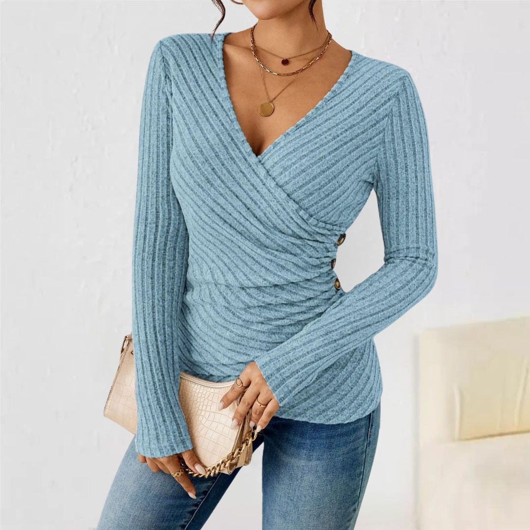 Ribbed Knit Wrap V-Neck Long Sleeve Ruched Top 4