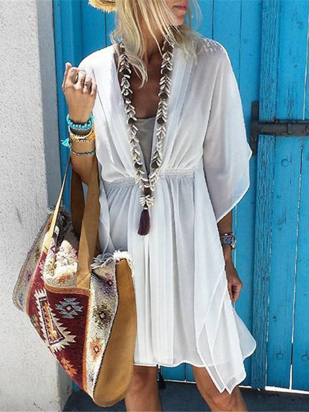 V-Neck Smocked Waist Flutter Sleeve Asymmetrical Hem Mini Dress - View 3