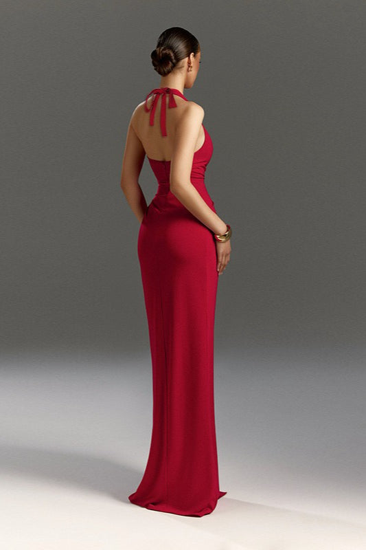 Halter Neck Deep V Ruched High Split Maxi Dress 3