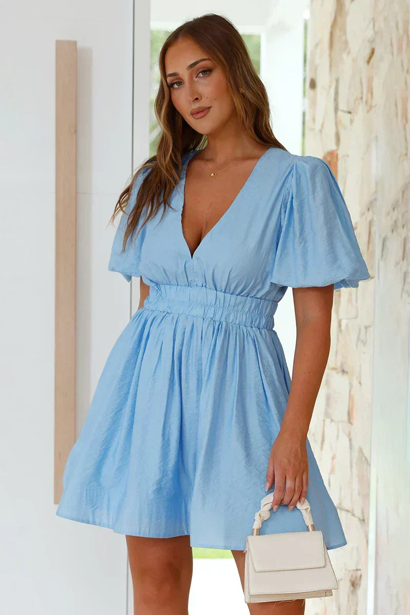 Deep V-Neck Long Sleeve Ruched Waist Fit and Flare Mini Dress - View 8
