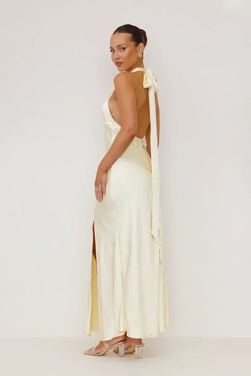 Satin Halter Neck Twist Front Cut Out Backless High Split Maxi Gown - View 5