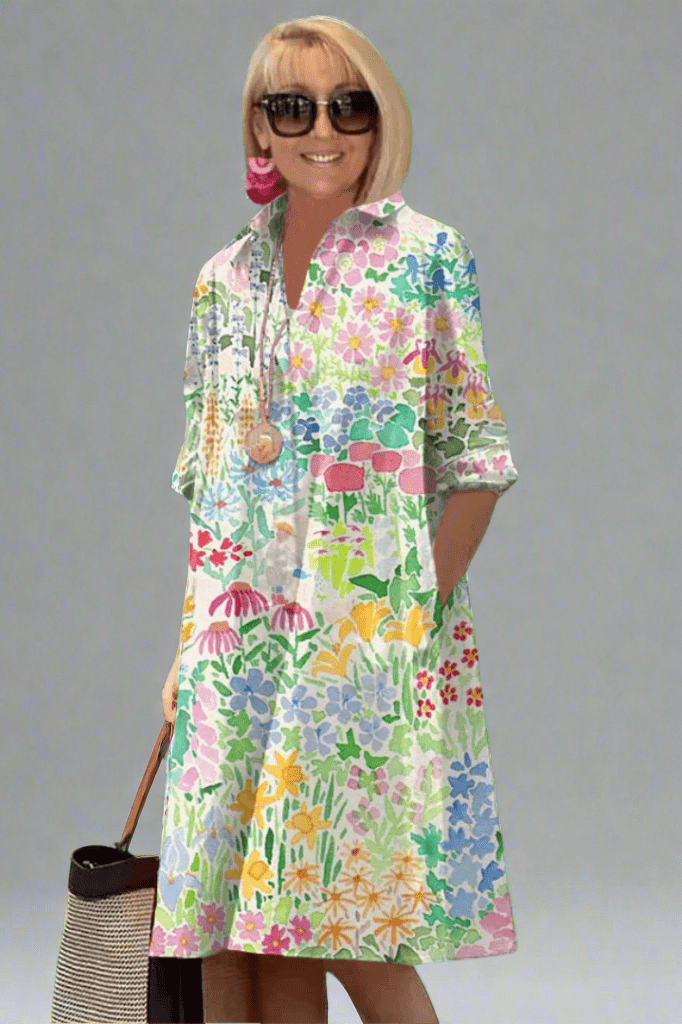 Floral Print Collared Roll Sleeve Button Front Shirt Dress