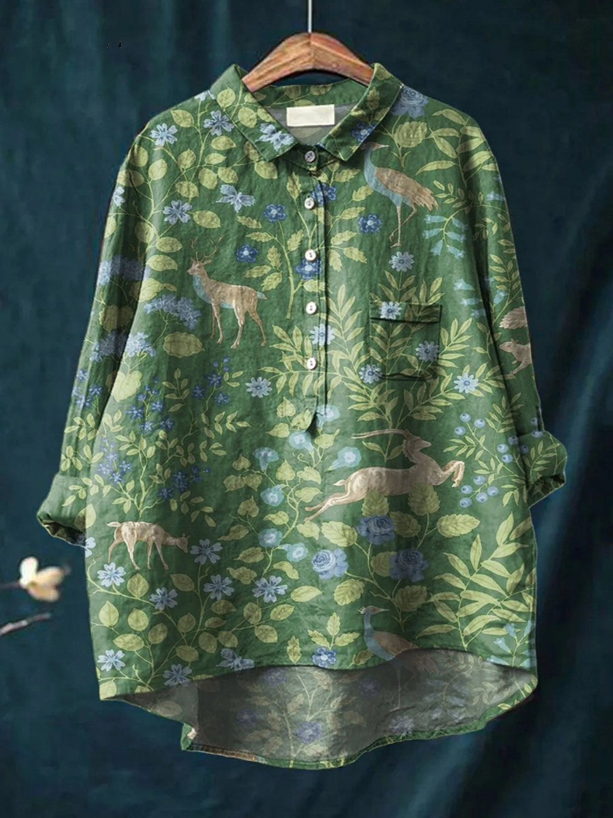 Woodland Animal Floral Print Button Down High Low Shirt