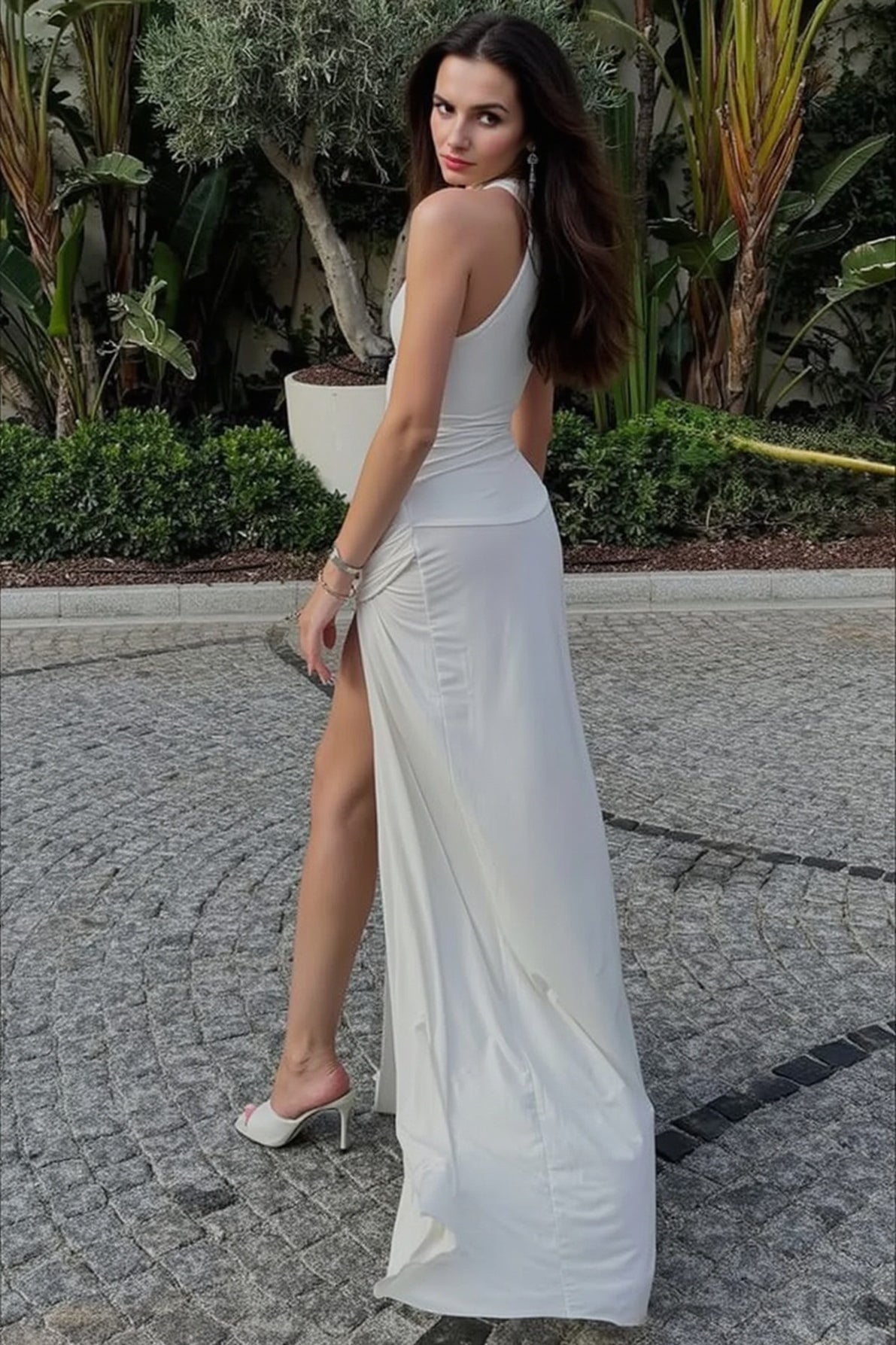 Solid Fitted High Slit Ruched Sleeveless Party Dress