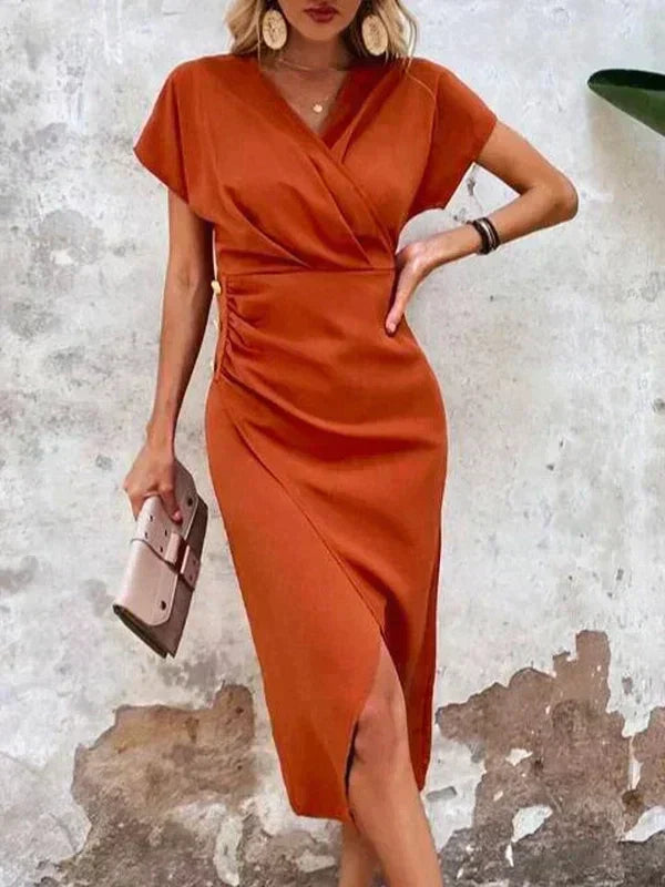Satin V-Neck Short Sleeve Ruched Wrap Midi Dress - View 2