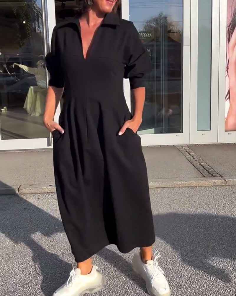 Collared V-Neck Short Sleeve Pocket Cocoon Midi Dress 6