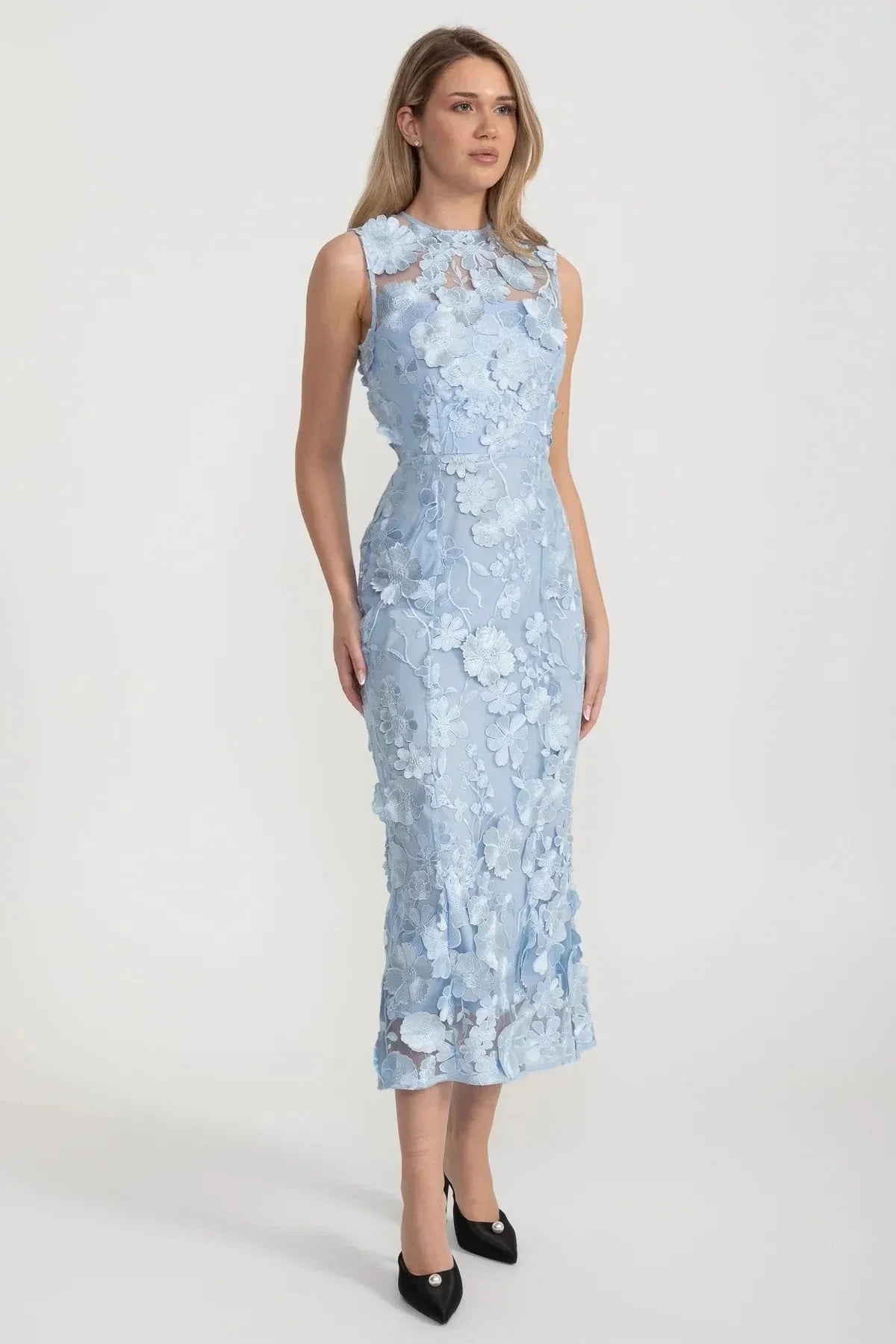 3D Floral Applique Sleeveless High Neck Mesh Sheath Midi Dress - View 2