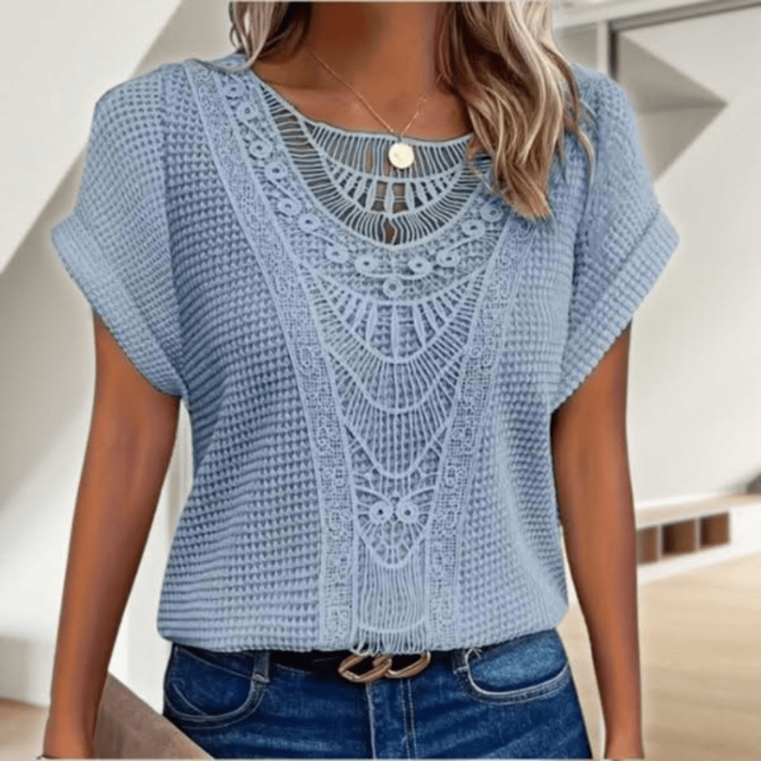 Crochet Lace Panel Short Sleeve Knit Top 8