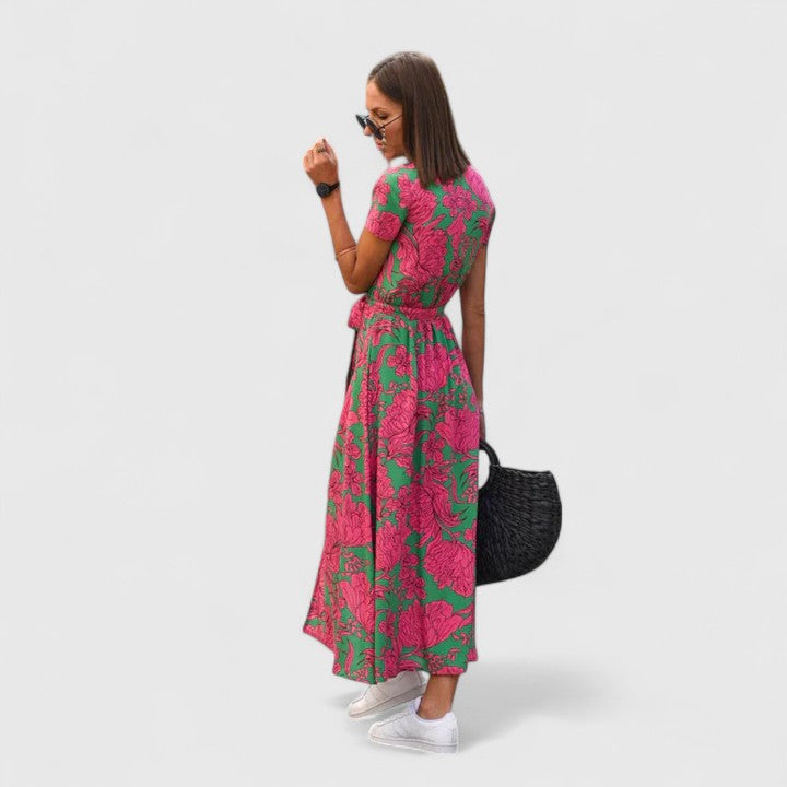 Floral Print Short Sleeve Belted Maxi Dress