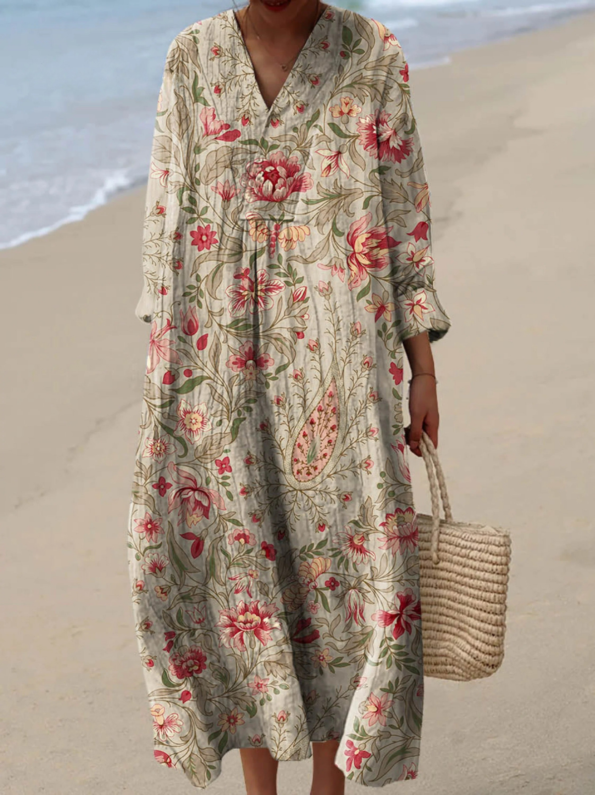 Floral Paisley V-Neck Long Sleeve Kaftan Maxi Dress