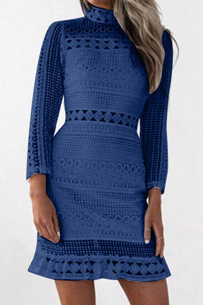 Mock Neck Long Sleeve Crochet Lace Ruffle Hem Bodycon Dress 5