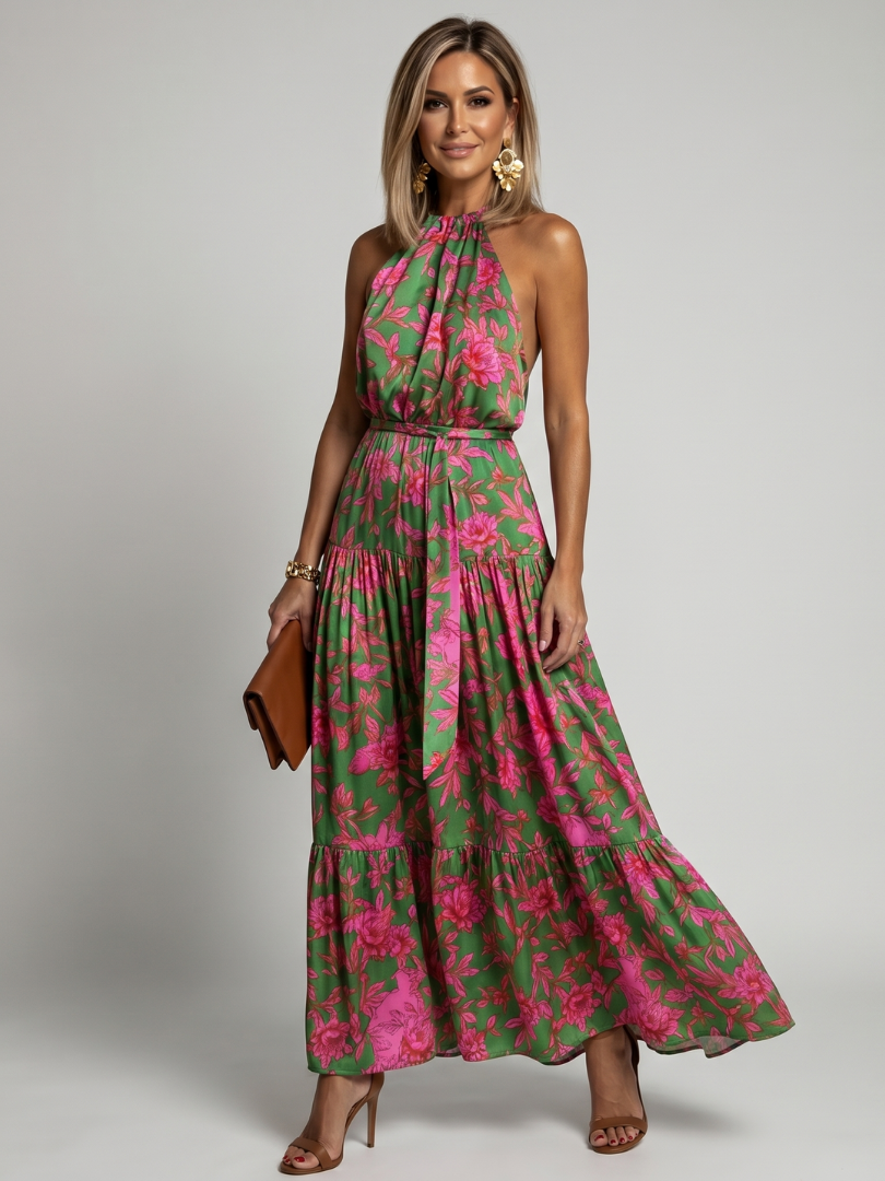Floral Halter Neck Sleeveless Tiered Belted Maxi Dress 2