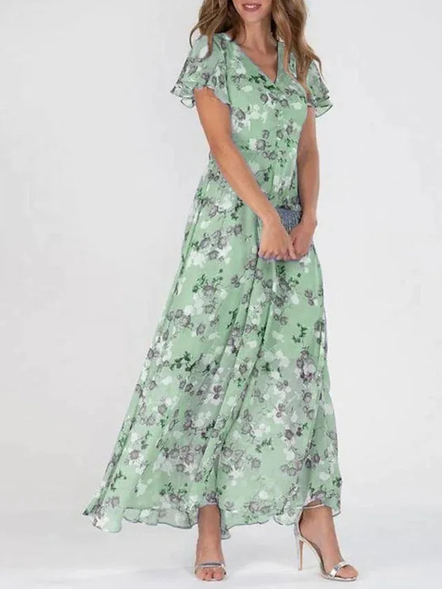 Floral V-Neck Flutter Sleeve Ruffle Maxi Dress 3