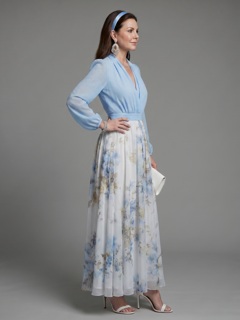 Surplice V-Neck Long Sleeve Floral Skirt Chiffon Maxi Dress 2
