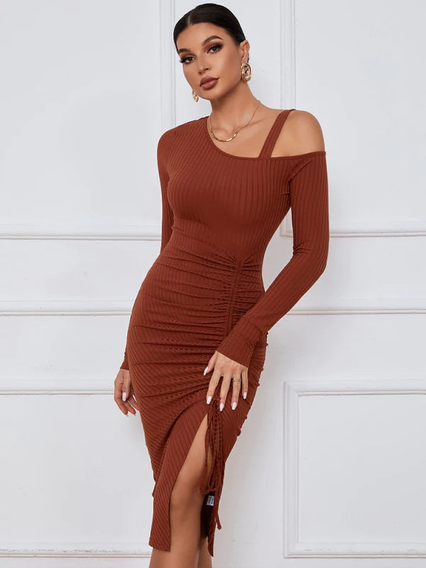 Cold Shoulder Long Sleeve Ruched High Split Ribbed Midi Dress 3