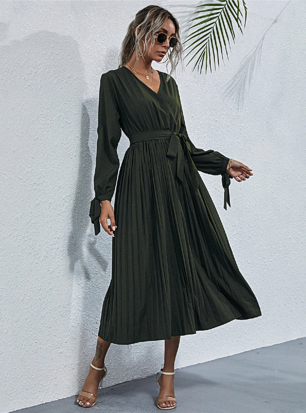 V-Neck Split Sleeve Tie Waist Pleated Wrap Midi Dress 3