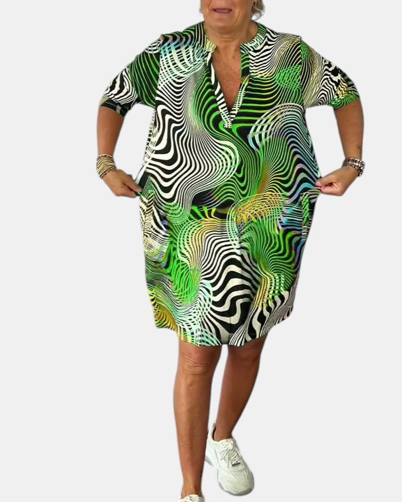 Abstract Print V-Neck Roll Sleeve Shirt Dress 6