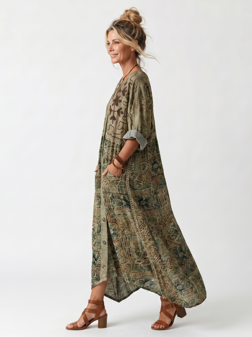 Aztec Print V-Neck Button Front Pocket Maxi Dress 2