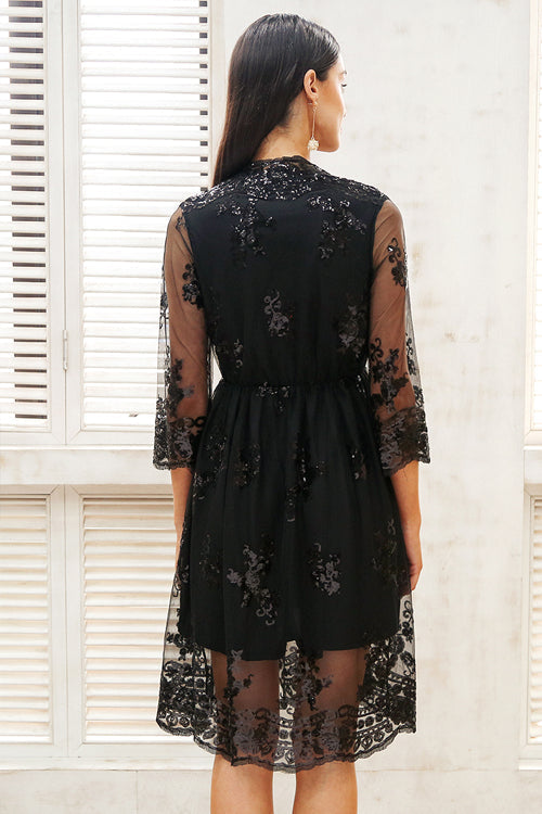 Sequin Floral Deep V-Neck Long Sleeve Wrap Mini Dress - View 5