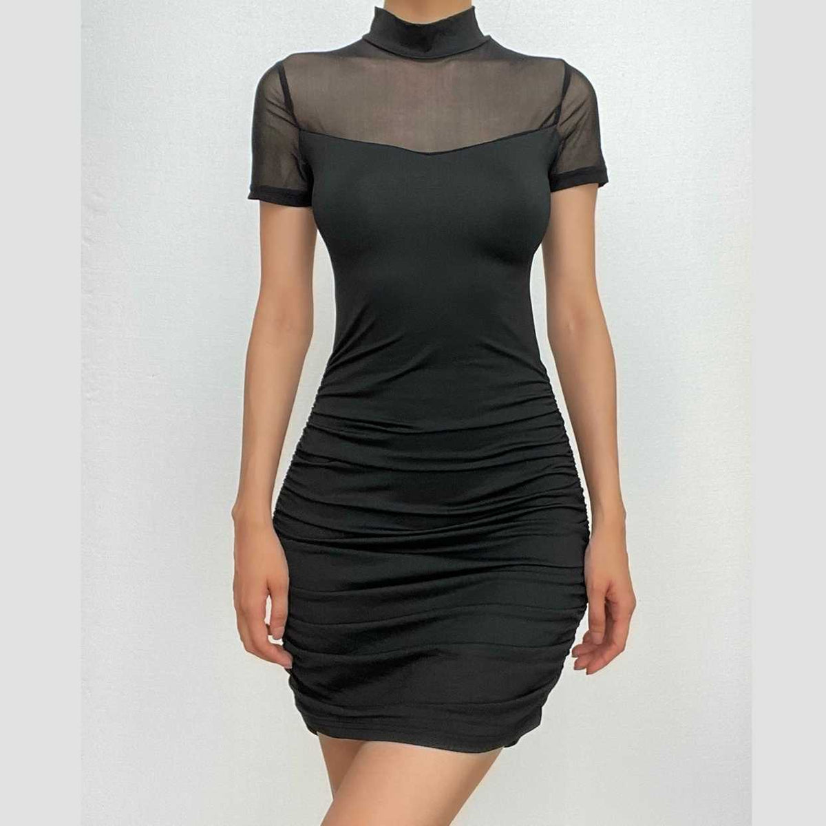 High neck short sleeve mesh patchwork ruched solid mini dress