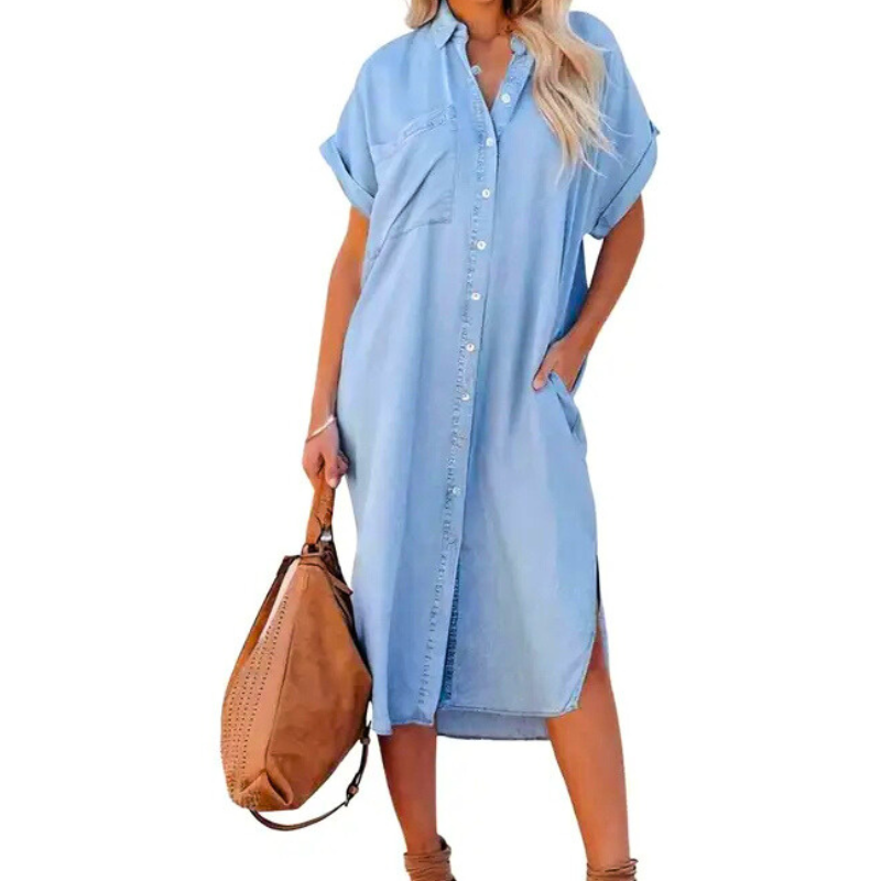Denim Look Button Front Short Sleeve Midi Shirt Dress