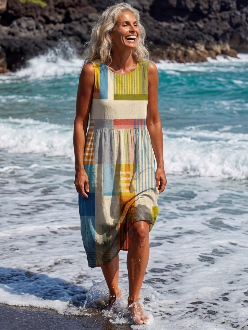 Patchwork Stripe Sleeveless Tiered Midi Dress 3