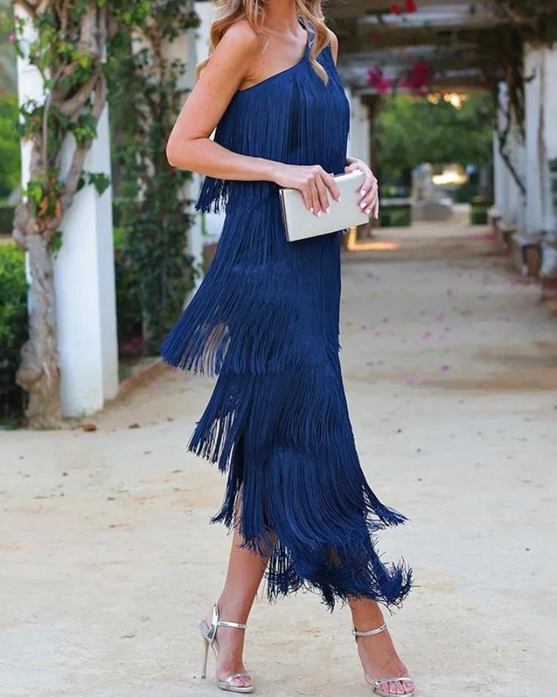 One Shoulder Tiered Fringe Maxi Dress 3