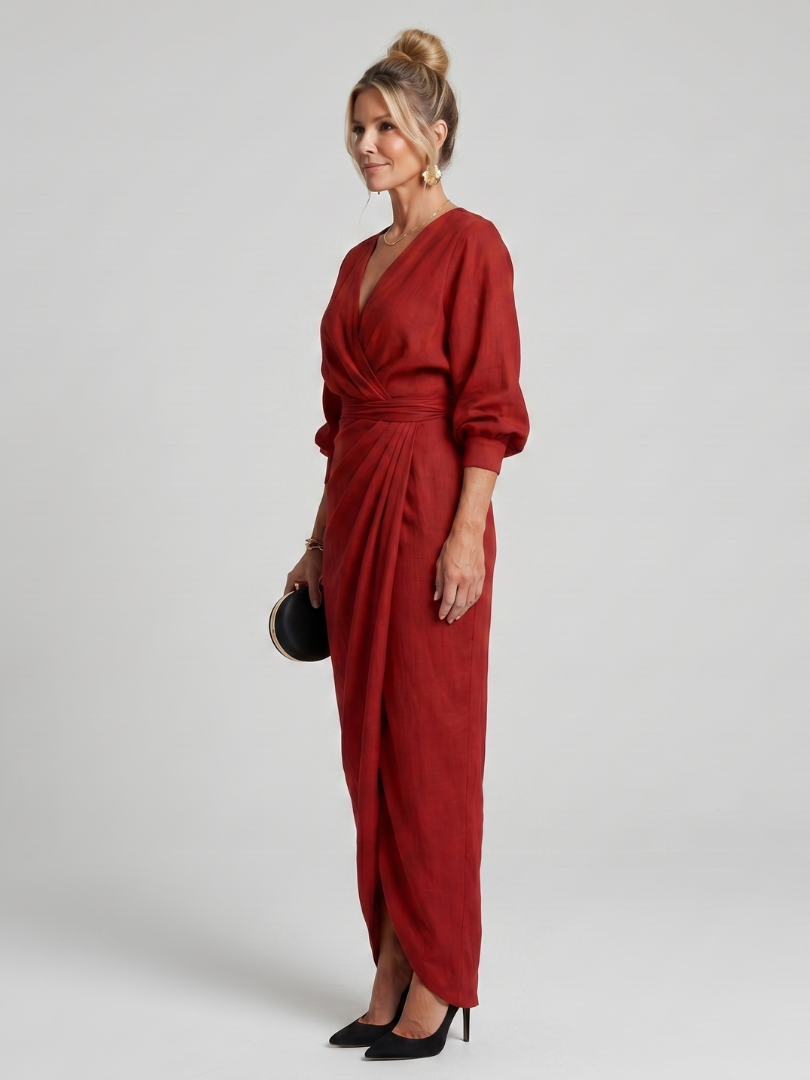 Wrap V-Neck Long Sleeve Ruched Draped Maxi Dress 2