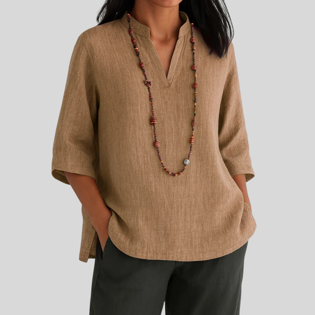 Notch V-Neck Half Sleeve Linen Look Top 3