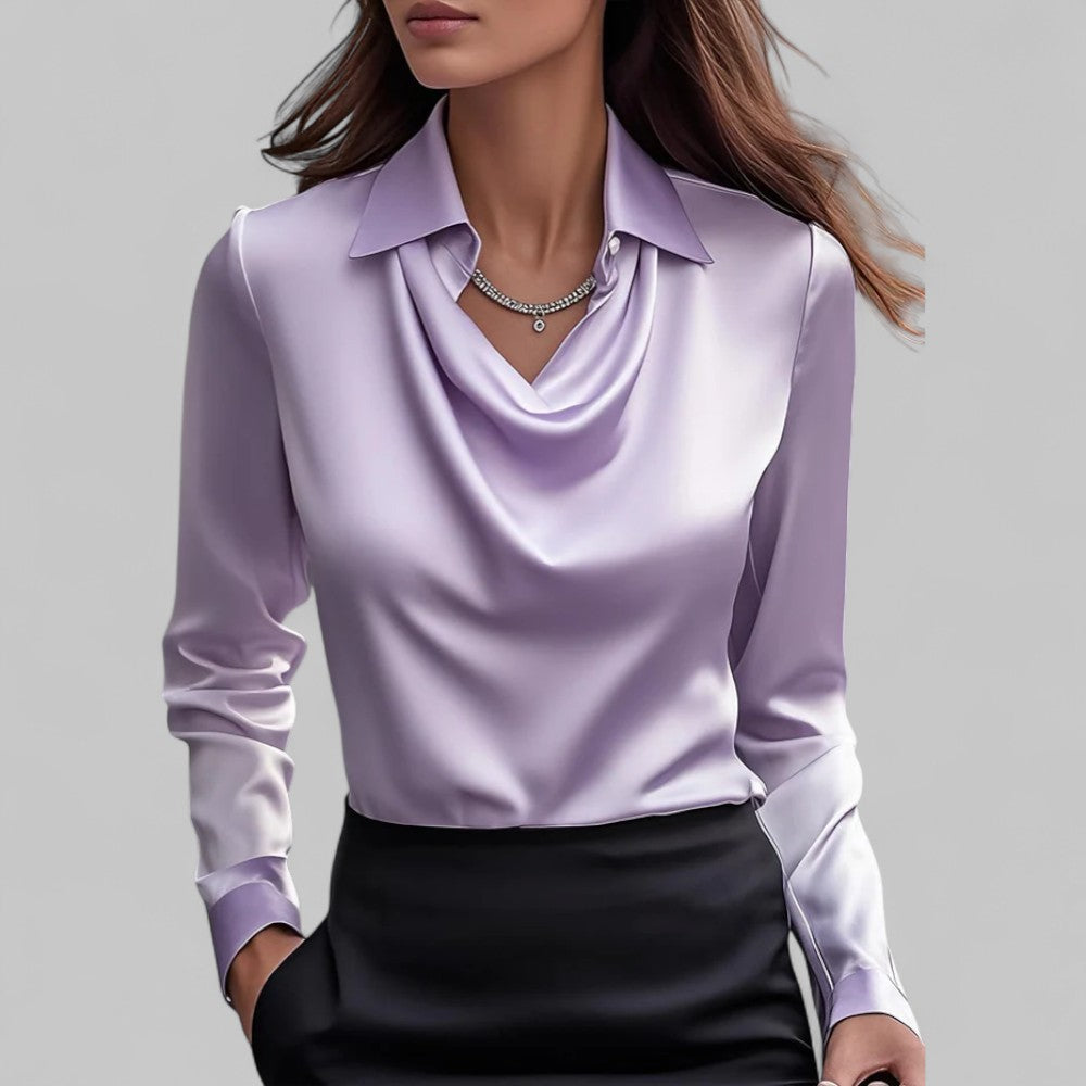 Draped Cowl Neck Long Sleeve Satin Blouse 7