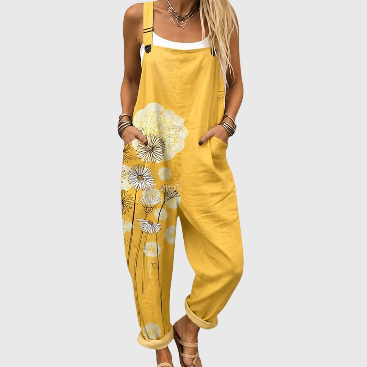 Dandelion Floral Print Sleeveless Wide Leg Overall Jumpsuit