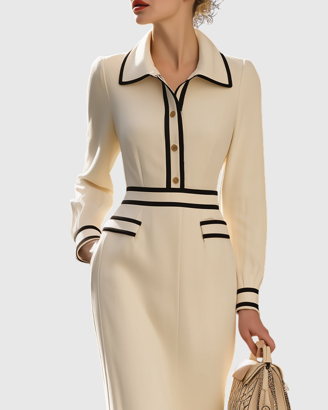 Contrast Trim Collared Long Sleeve Midi Dress 3